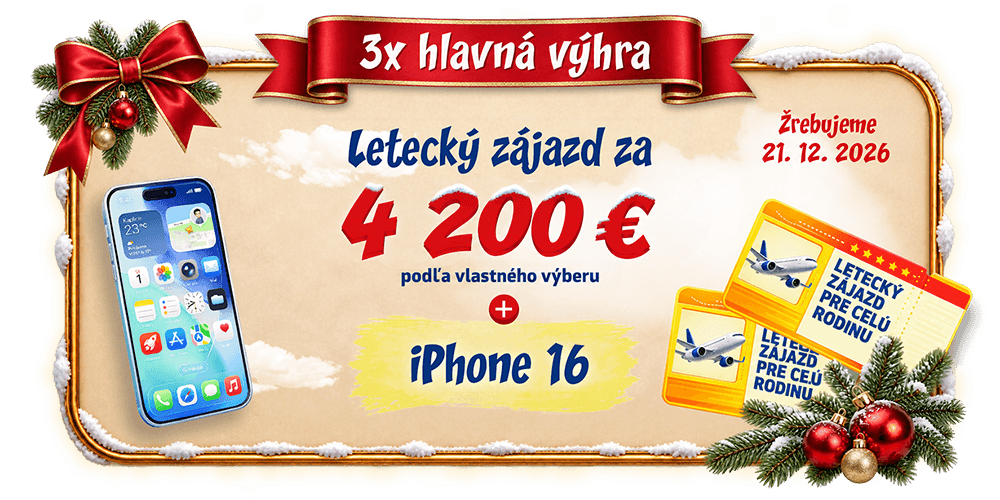 Hlavné ceny: tri zájazdy v hodnote 100 000 Kč a tri iPhony 16. Žrebovanie 21. decembra 2026.