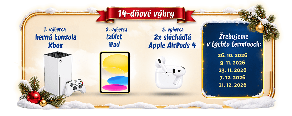 Dvojtýždňové ceny: Xbox, iPad a AirPods 4. Žrebovanie 26. októbra, 9. novembra, 23. novembra, 7. decembra a 21. decembra 2026.
