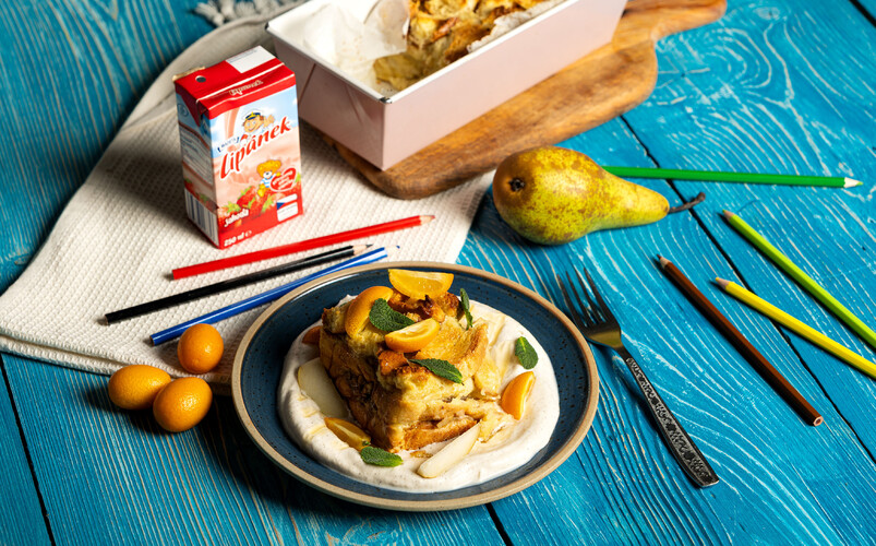 Chlebový puding s mliečkom Lipánek a vanilkovým krémom