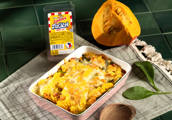 Zapečené cestoviny s tekvicou, Lipánkom Zlaťáčkem, šunkou, špenátom a krémovou tekvicovou omáčkou
