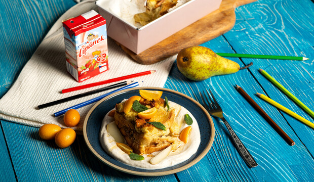 Chlebový puding s mliečkom Lipánek a vanilkovým krémom