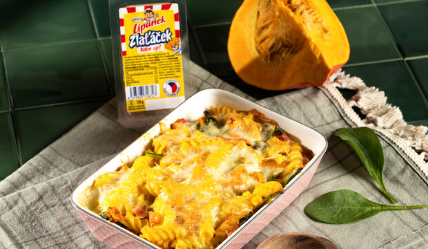 Zapečené cestoviny s tekvicou, Lipánkom Zlaťáčkem, šunkou, špenátom a krémovou tekvicovou omáčkou